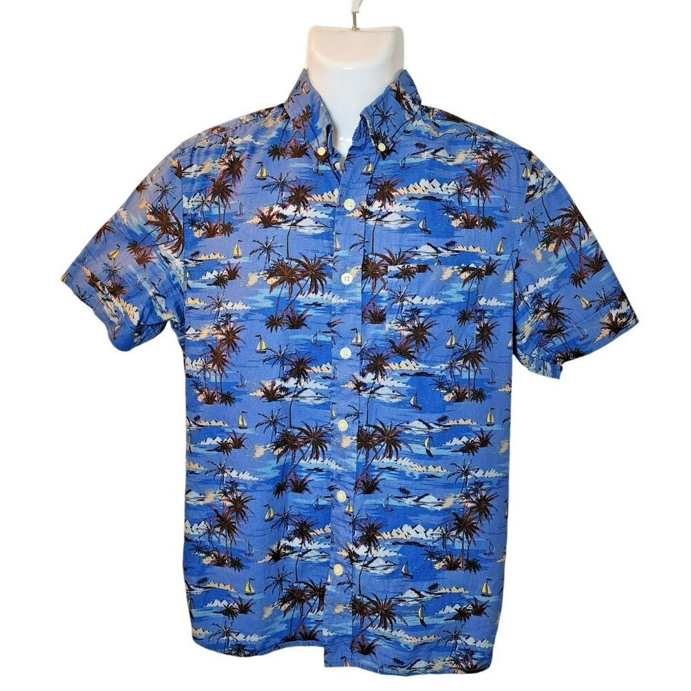Kennington California Aloha Shirt M Blue Palm Trees Boats Cotton‎ Button Front